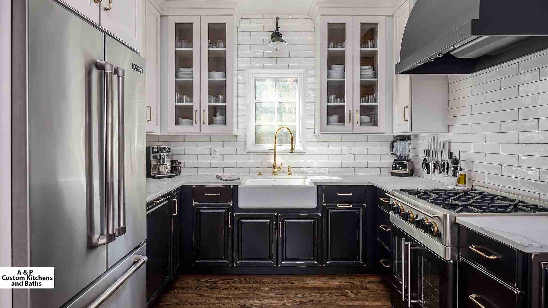 Rustic farmhouse kitchen with distressed painted cabinetry and vintage-style cup pulls