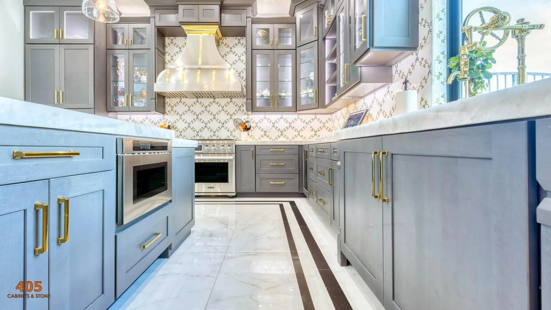 Luxury modern kitchen with full-height cabinetry, waterfall quartz island, and integrated lighting